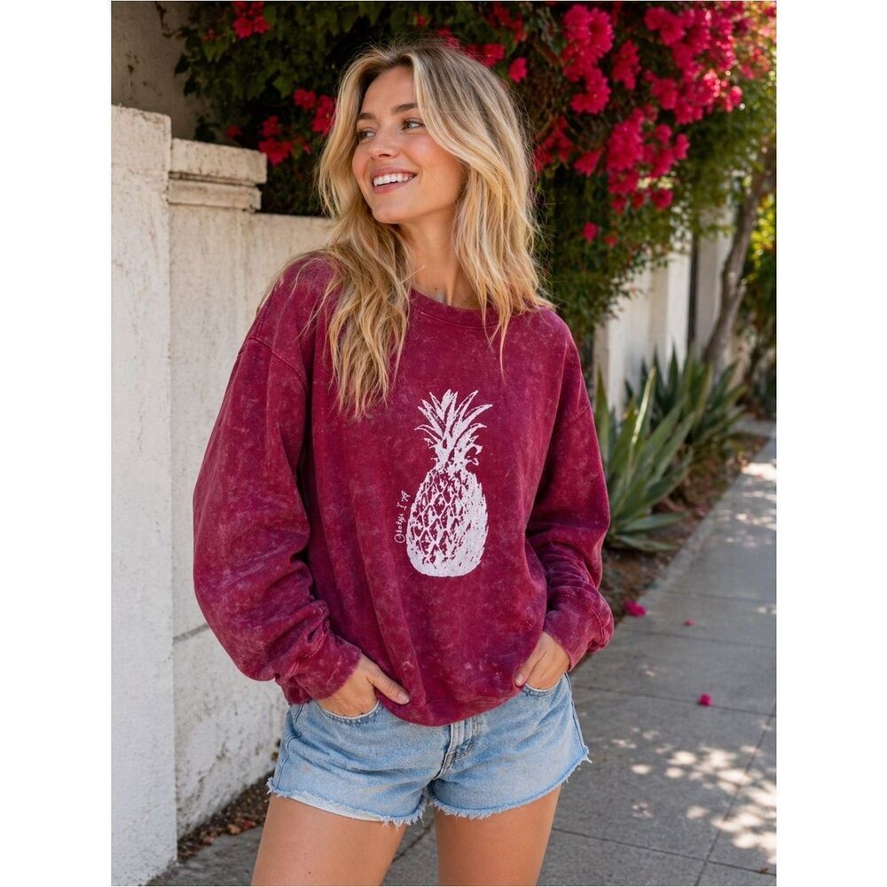 US Vintage Maroon Pineapple Graphic Pullover Sweatshirt